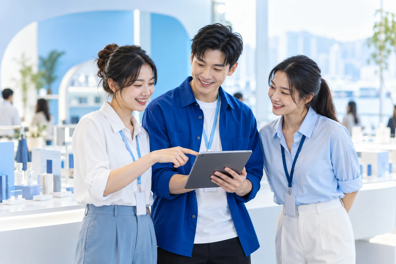 An energetic retail and event team collaborating with a tablet